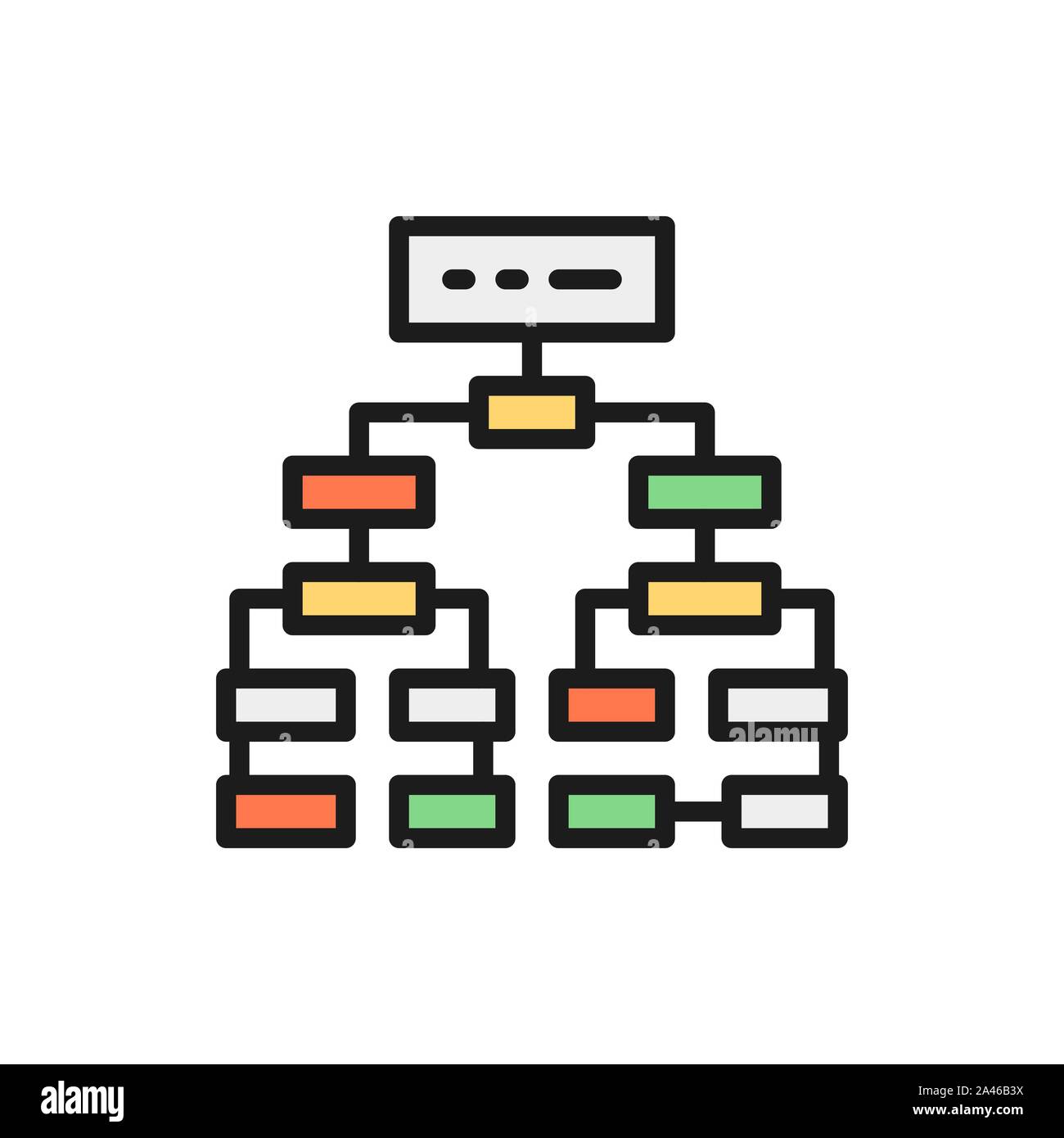 Algoritmo di programma, piano del diagramma di flusso, il flusso di lavoro mindmap piatta linea colore icona. Illustrazione Vettoriale