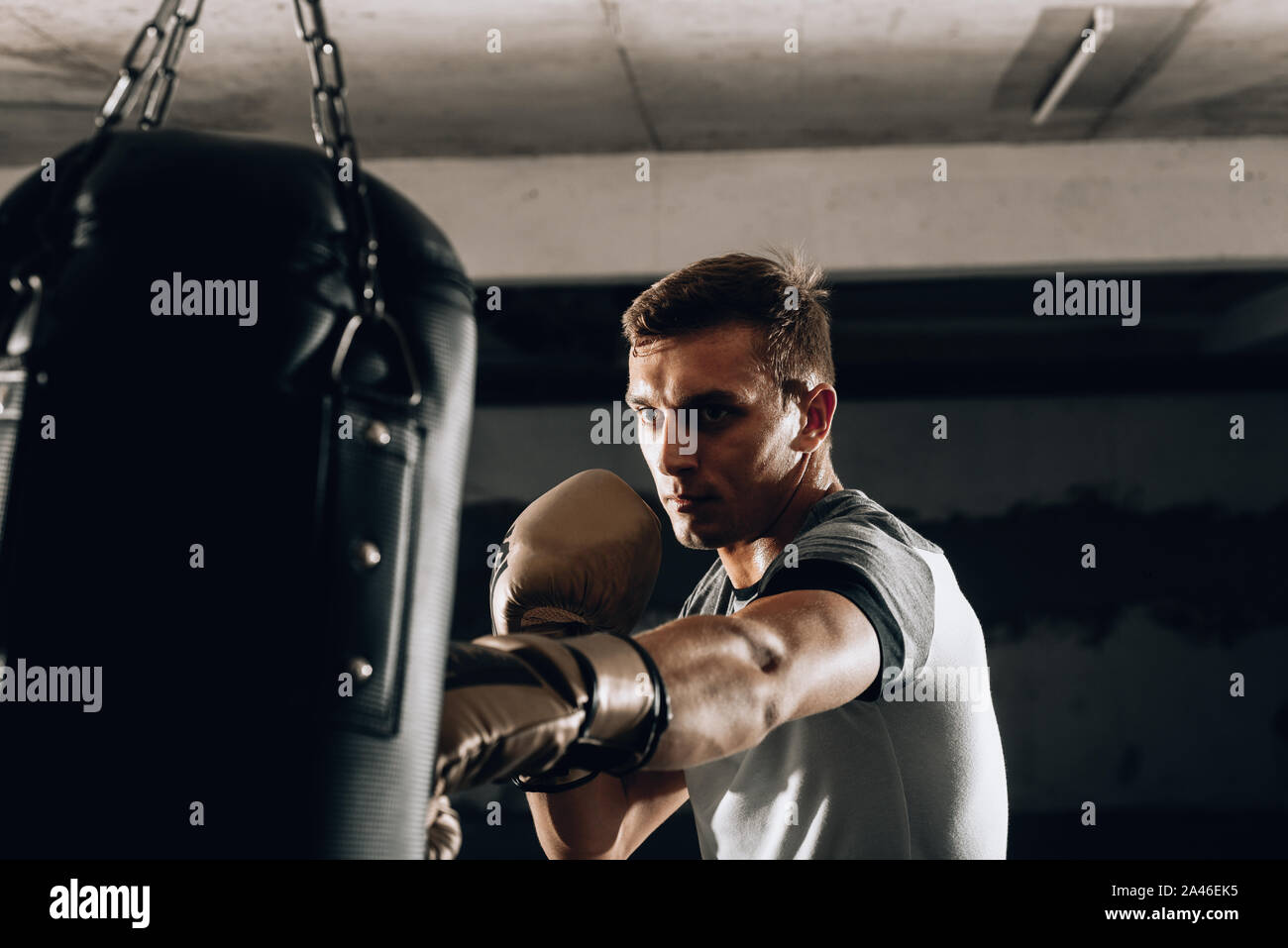 Silhouette boxer maschio di colpire un enorme sacco da boxe presso un studio di inscatolamento. Boxer uomo allenamento duro Foto Stock