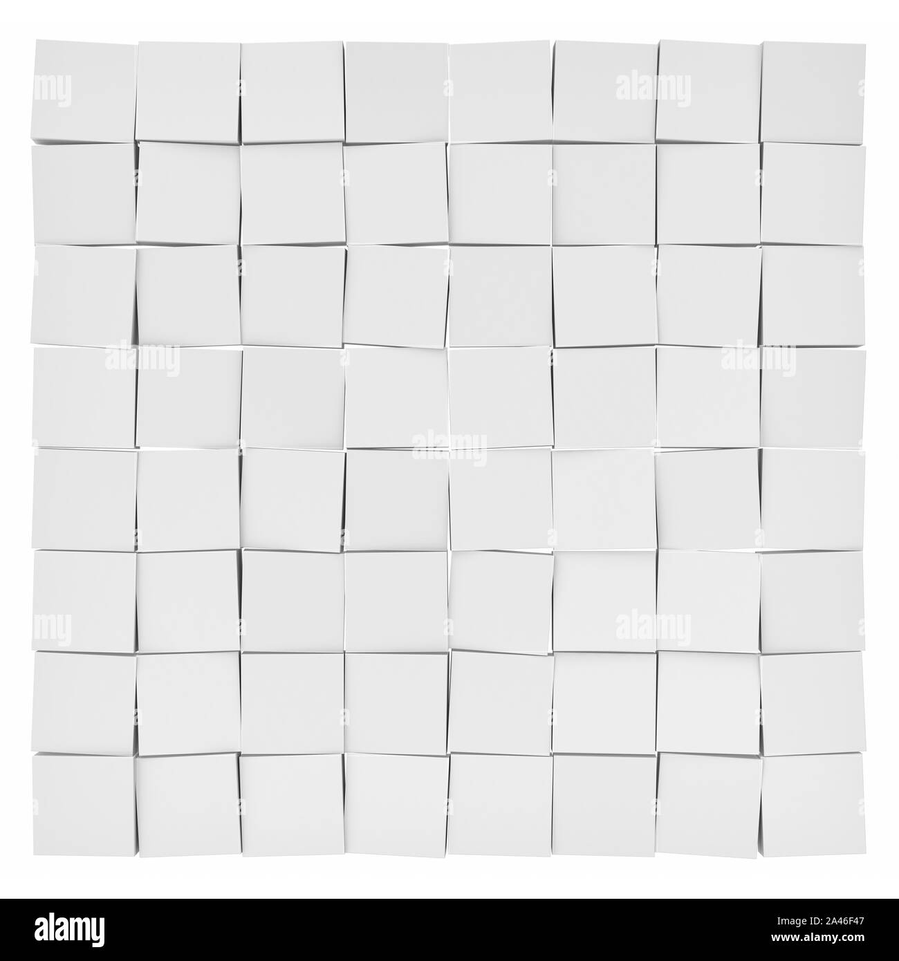 3D rendering del bianco piastrelle irregolari ogni leggermente inclinato in direzione diversa su sfondo bianco. Forme astratte. Piastrelle geometriche. Foto Stock
