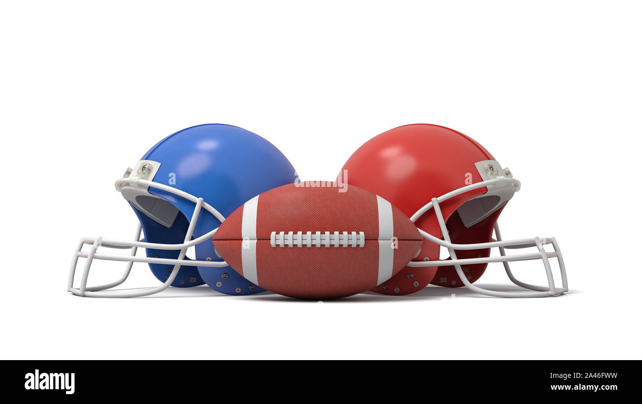 3D rendering di un ovale American Football palla tra due caschi di diversi colori. Combattimenti in sport. Squadre di calcio. Competere per vincere. Foto Stock