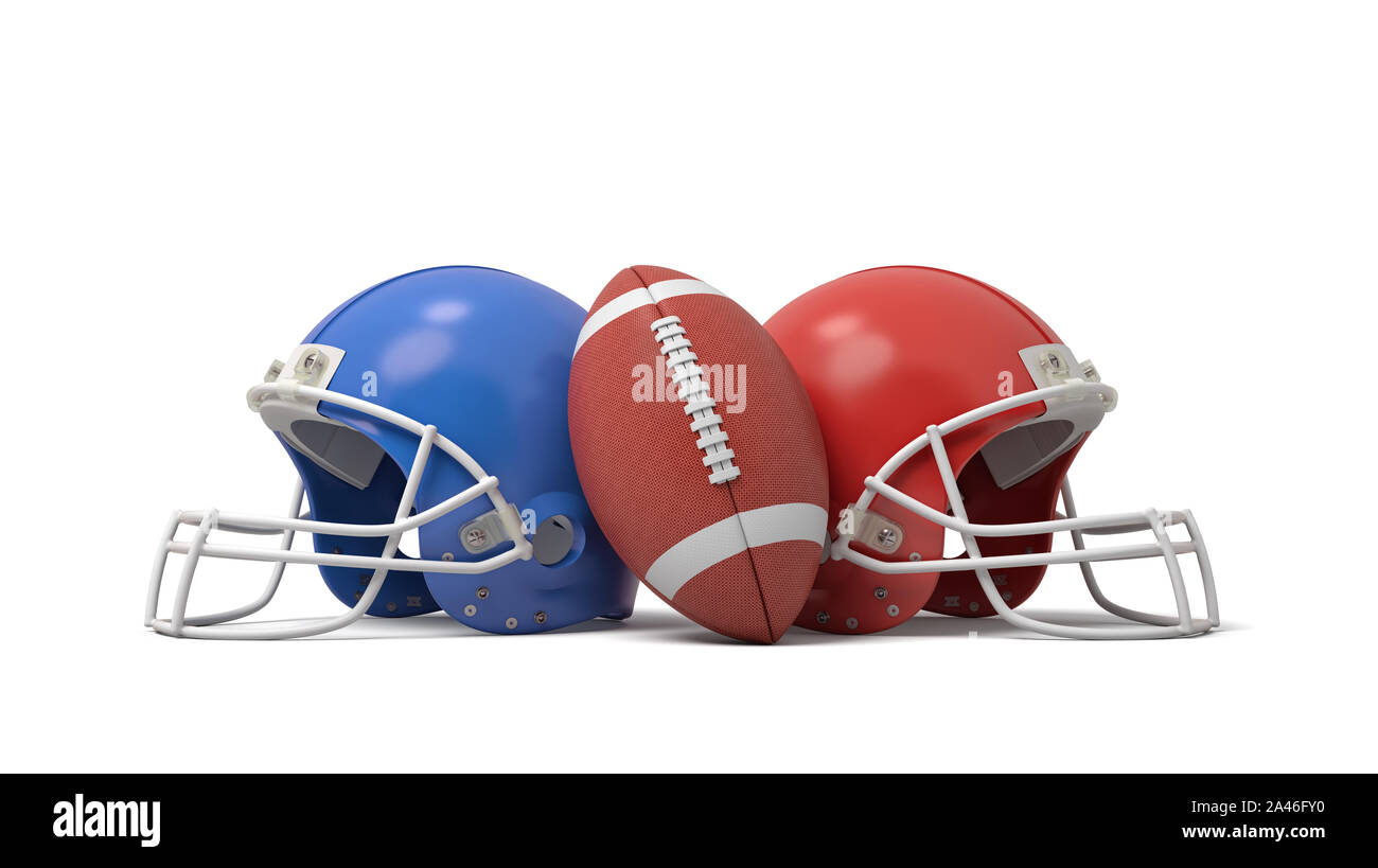 3D rendering di un ovale American Football palla tra due caschi di diversi colori. Combattimenti in sport. Squadre di calcio. Competere per vincere. Foto Stock