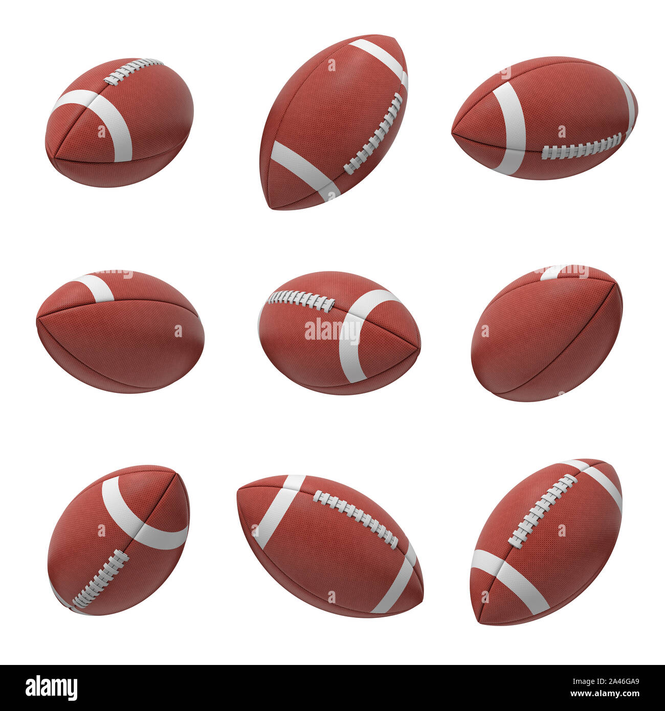 3D rendering di diversi ovale American Football palla appesa su uno sfondo bianco e mostrato da diverse parti. Lo sport e la ricreazione. Giochi con la palla. A Foto Stock