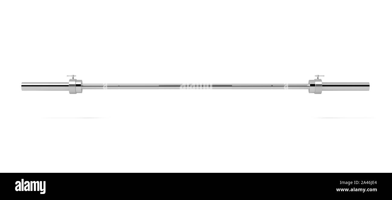 3D rendering di un singolo metallo barbell senza pesi appendere orizzontalmente su uno sfondo bianco. Sport e formazione. Bodybuilding attrezzatura. Palestra Foto Stock