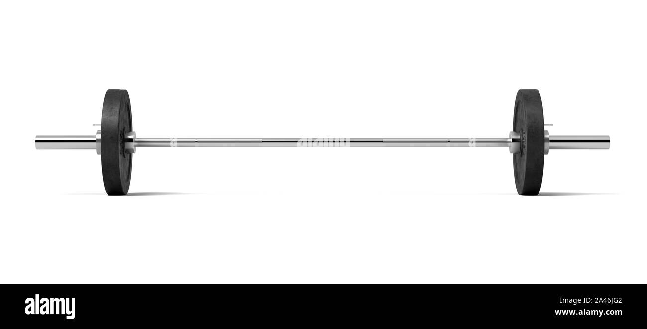 3D rendering di un argento in metallo colorato barbell con diversi nero peso piastre su uno sfondo bianco. Fitness e bodybuilding. Attrezzature sportive. Palestra Foto Stock