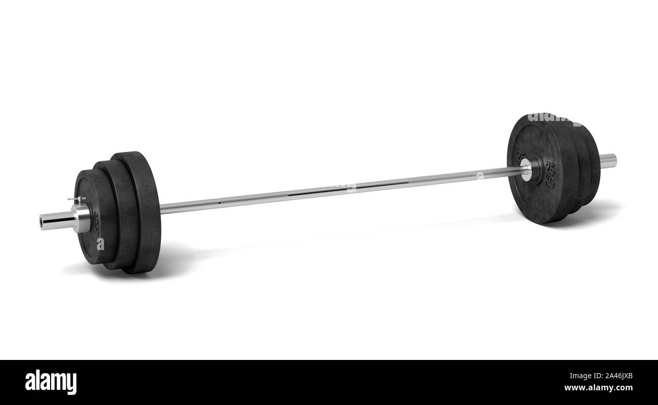 3D rendering di un argento in metallo colorato barbell con diversi nero peso piastre su uno sfondo bianco. Fitness e bodybuilding. Attrezzature sportive. Palestra Foto Stock