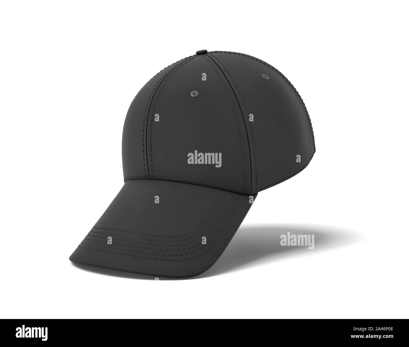 3D rendering di una singola nero berretto da baseball appeso verticalmente su uno sfondo bianco con la visiera abbassata. Sport fashion. Tappo raso. Sun schermatura per e Foto Stock