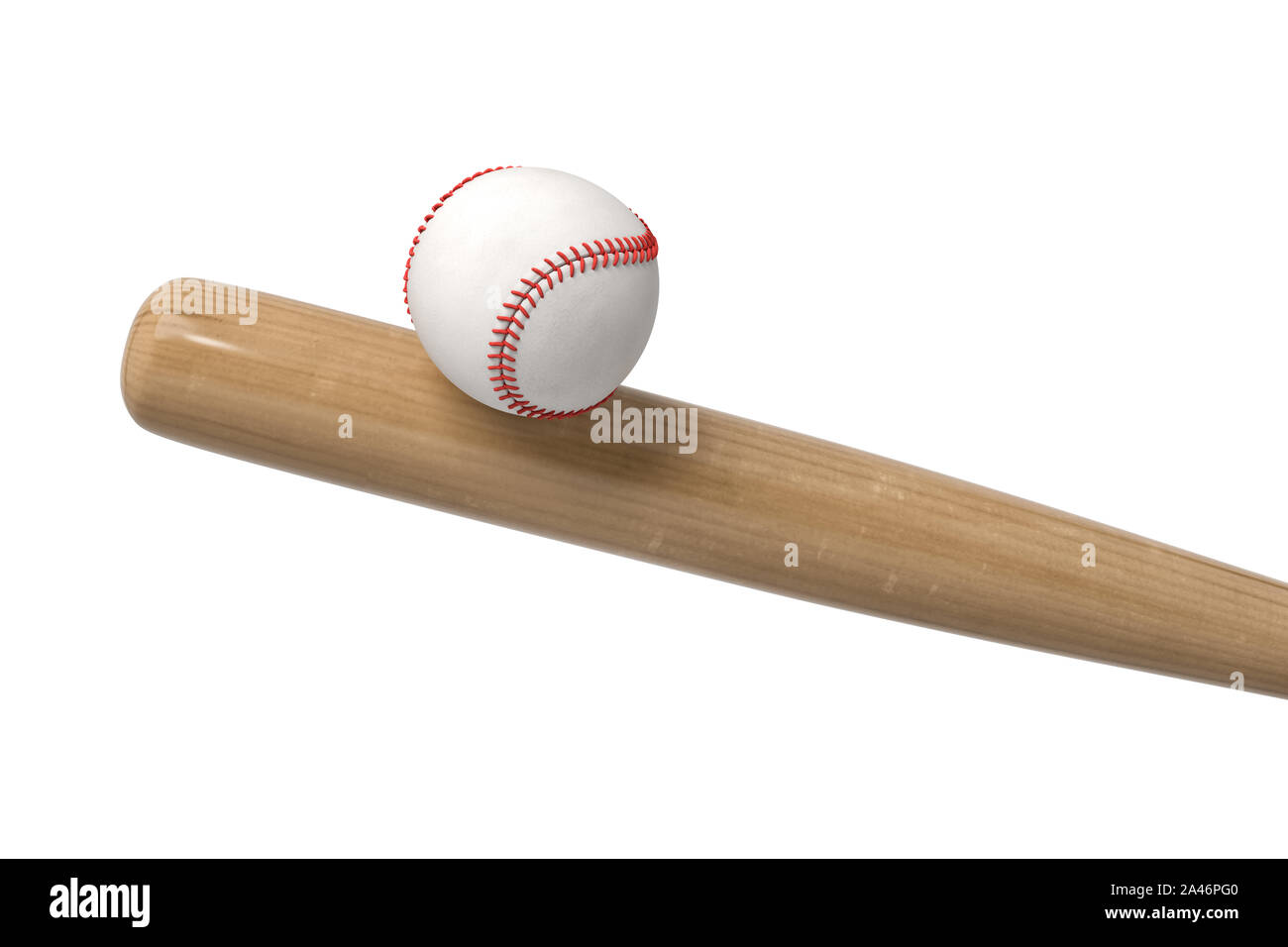 3D rendering di un baseball di colore bianco con cuciture rosse in equilibrio su una mazza di legno in vista ravvicinata. Partita di baseball. Abilità di gioco. La padronanza di stile di gioco. Foto Stock