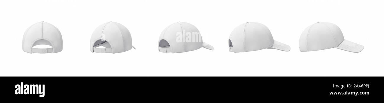 3D rendering del bianco cinque cappellini da baseball mostrato in una riga da torna alla vista laterale su uno sfondo bianco. Ingranaggio di baseball. Sport style. American headwear Foto Stock