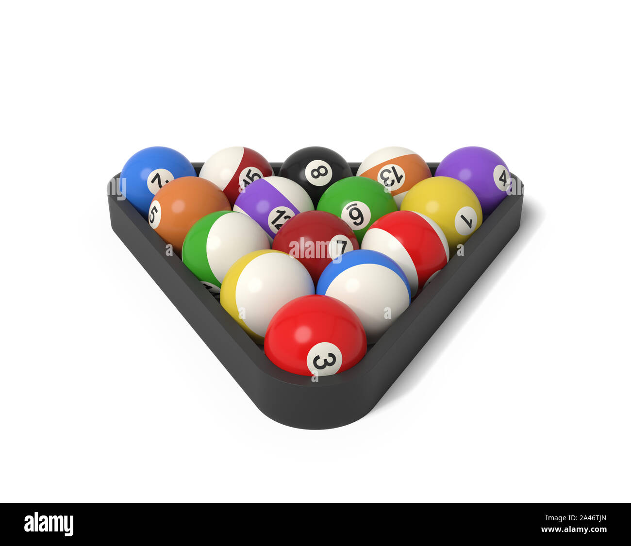3D rendering di molte palle da biliardo con strisce colorate e i numeri  all'interno di un rack. Attrezzature da gioco. Biliardo e biliardo. La  piscina delle sfere Foto stock - Alamy