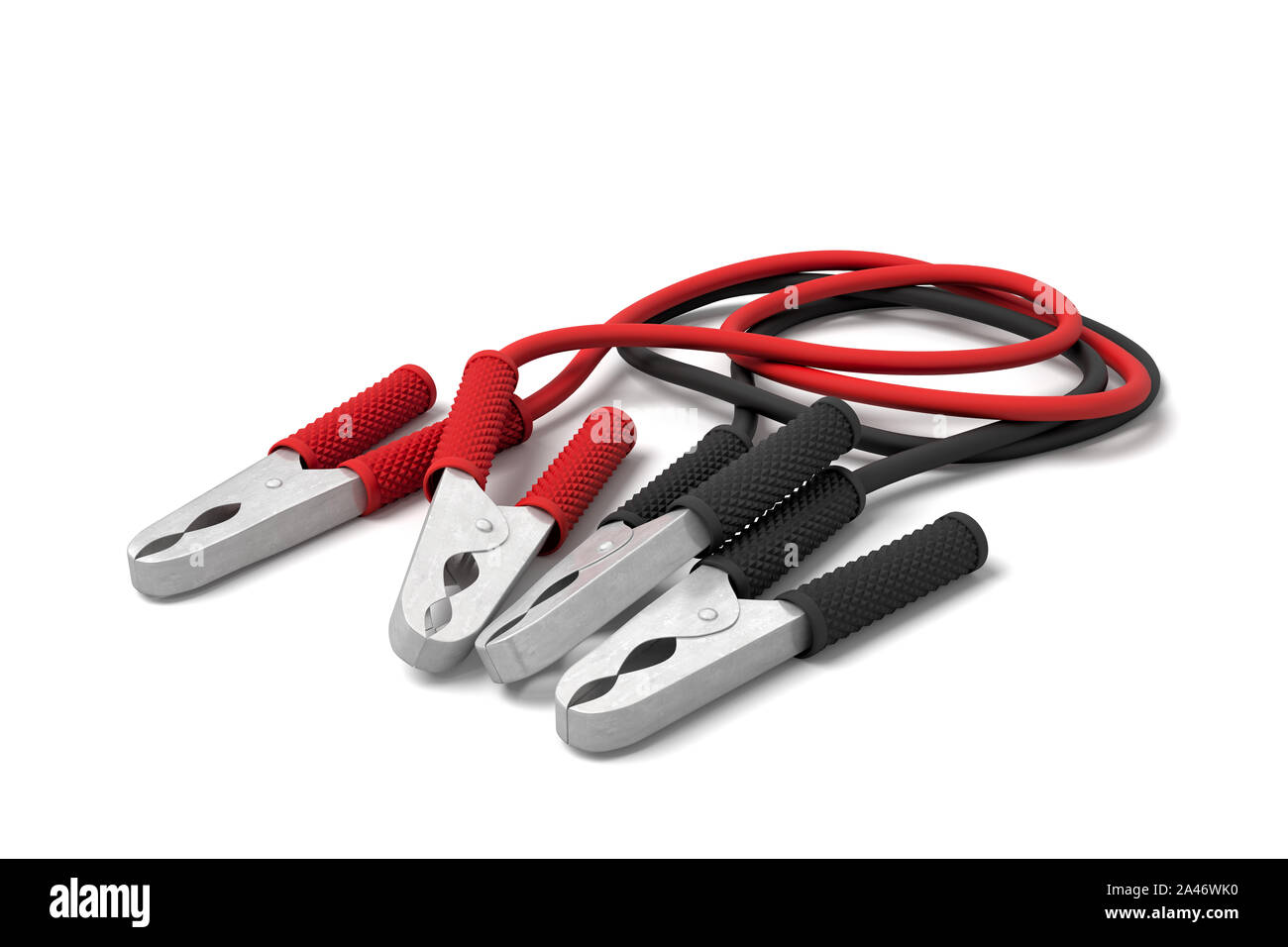 3D rendering di due set di rosso e nero auto morsetti per batteria collegata ad un cavo. Auto sorgente di potenza. Il consumo di energia. Ricaricare la batteria. Foto Stock