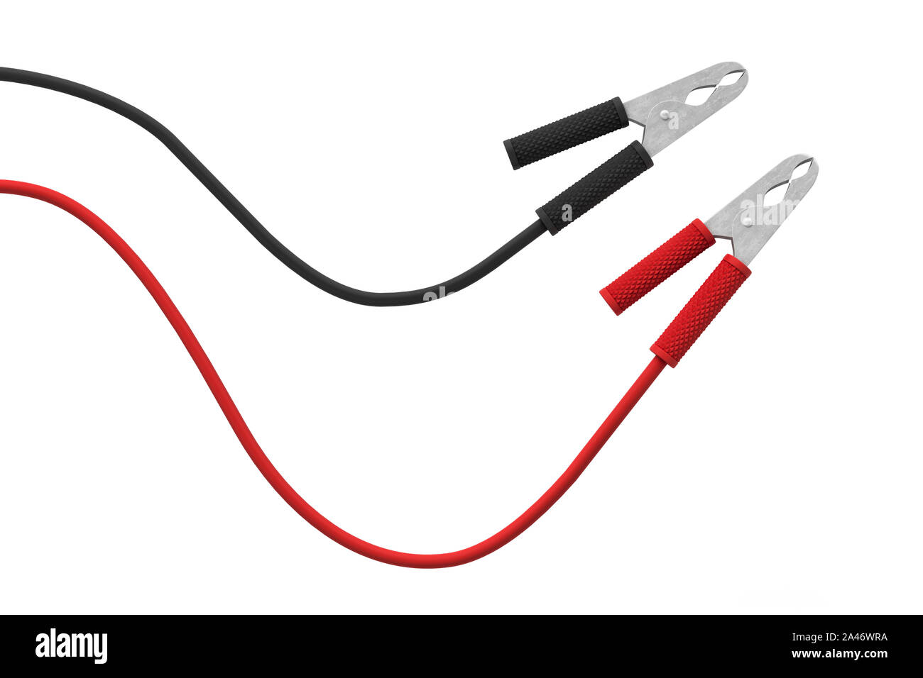 3D rendering di due set di rosso e nero auto morsetti per batteria collegata ad un cavo. Auto sorgente di potenza. Il consumo di energia. Ricaricare la batteria. Foto Stock