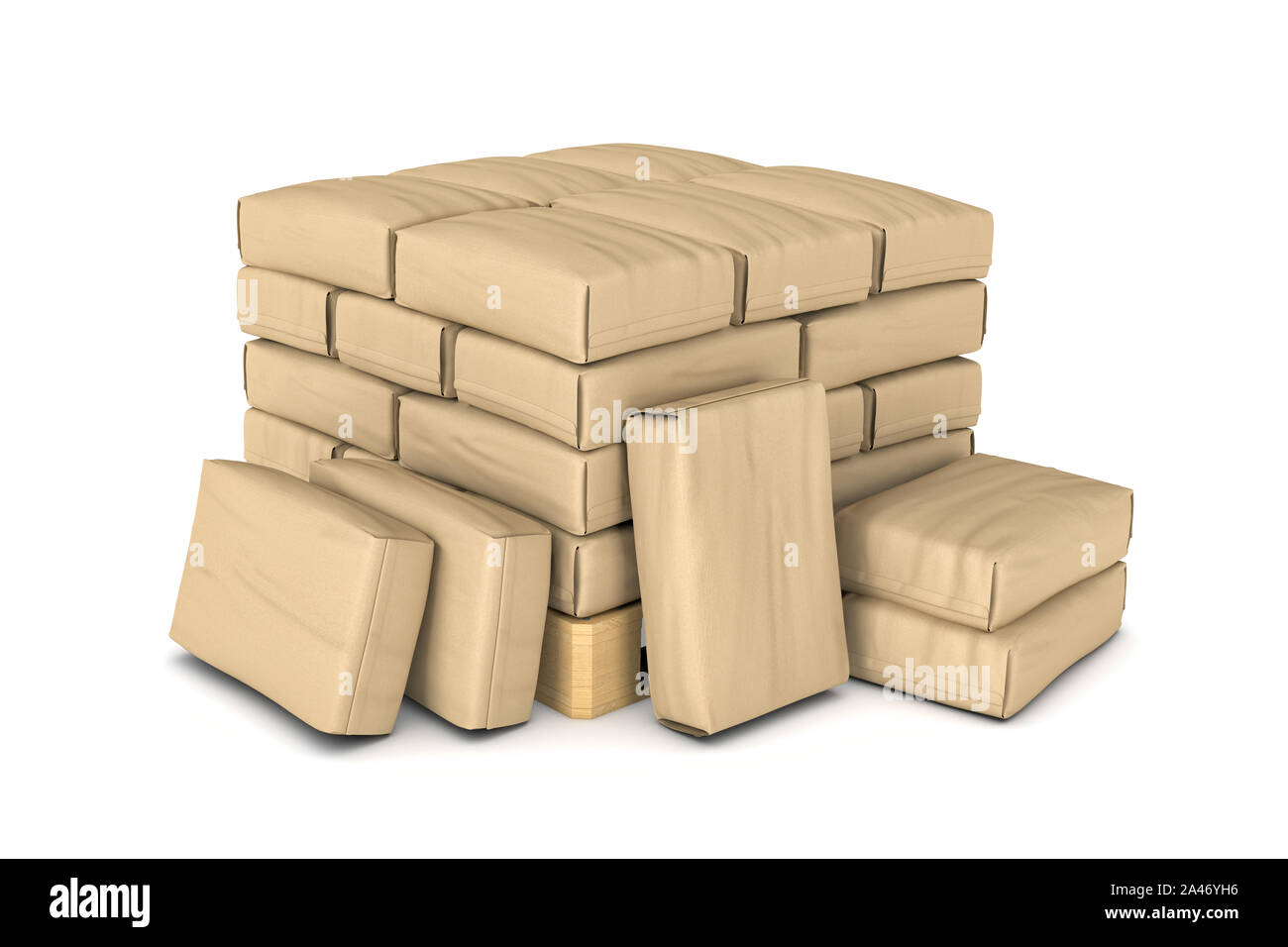 3D rendering di marrone chiaro in sacchi di carta impilati su un pallet di legno isolato su sfondo bianco. Trasporto merci. Costruzione e produzione. S Foto Stock