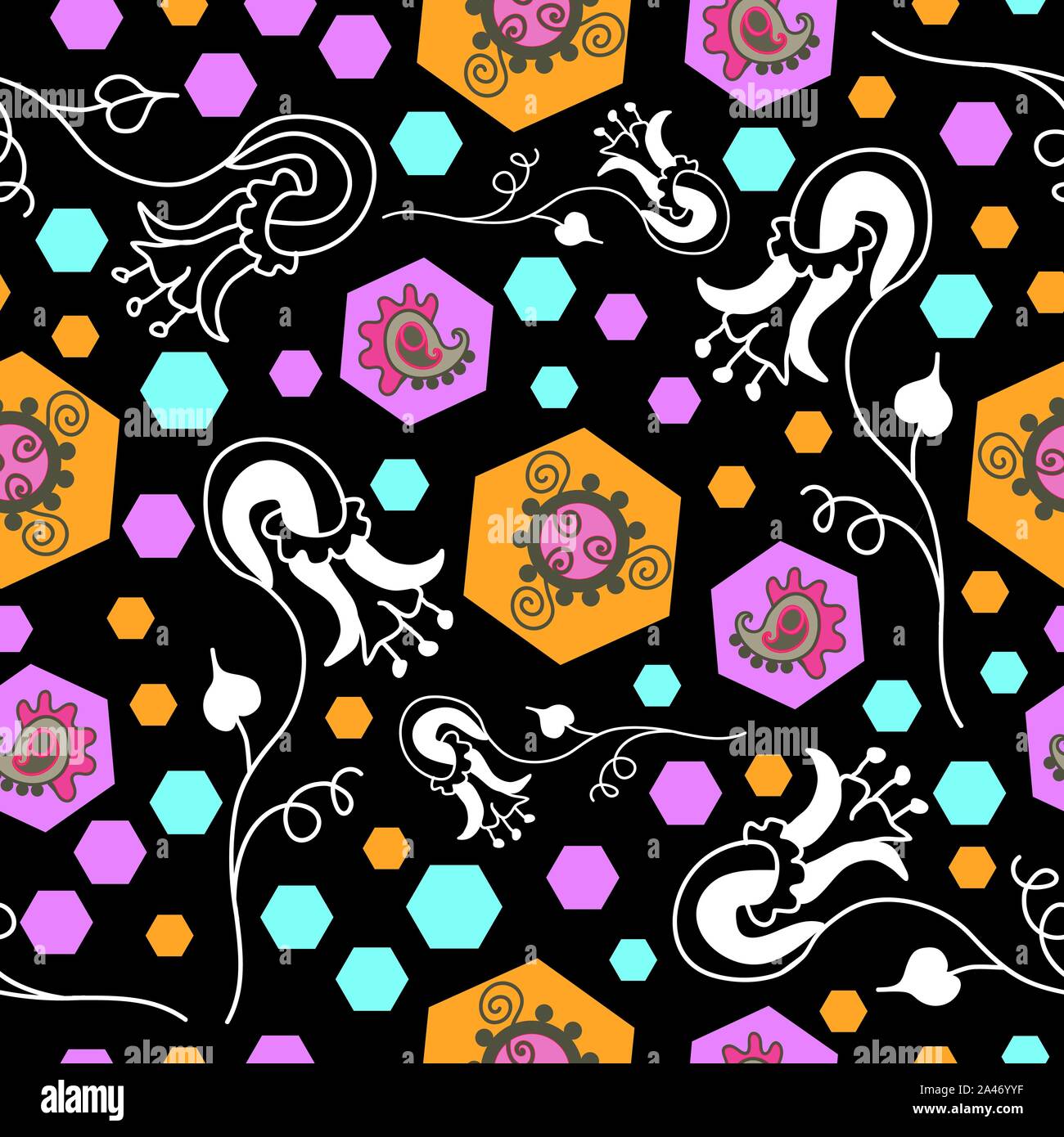 Fiori Night-Paisley sogni seamless schema di ripetizione. Paisely colorati e pattern di fiori rosa in giallo, blu, rosso e bianco su sfondo nero. Superficie di progettazione del modello perfetto per tessuto, rottami di libro, Illustrazione Vettoriale