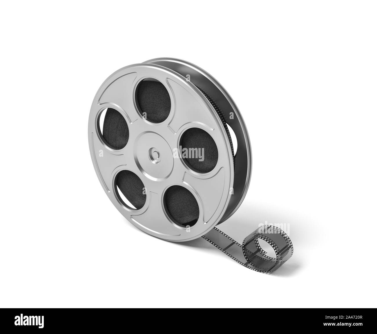 3D rendering di una singola bobina di film con alcuni film tailing dopo che su uno sfondo bianco. Cinema e film. Creazione di arte. Industria del divertimento. Foto Stock