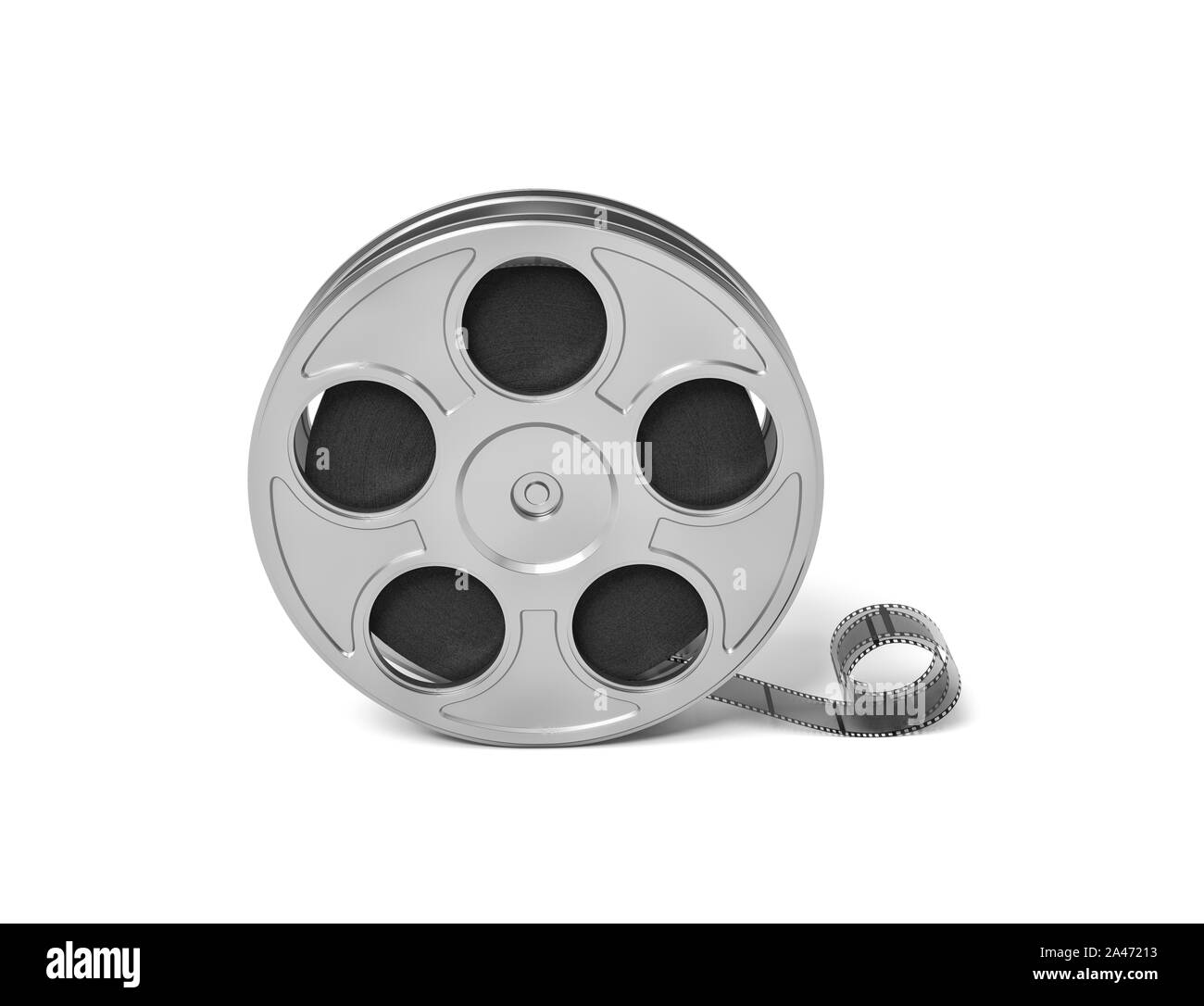 3D rendering di una singola bobina di film con alcuni film tailing dopo che in una vista frontale su uno sfondo bianco. Cinema e film. Creazione di arte. Entertainm Foto Stock