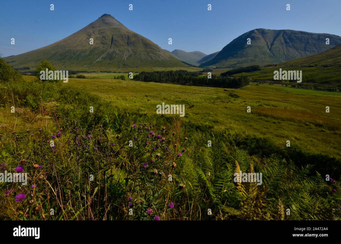 Paesaggio estivo di vette ( Beinn an Dothaidh, sinistra e Beinn Mhanach, destra) e nelle Highlands scozzesi Scozia Regno Unito Foto Stock