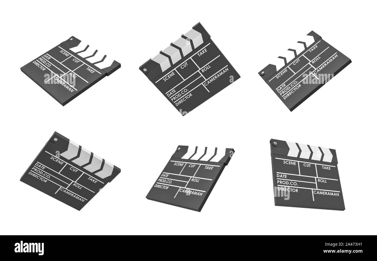 3D rendering dei sei film nero clapperboards con righe vuote per il titolo e i creatori di un filmato. La creazione di un filmato. Un altro film girato. Artistico Foto Stock