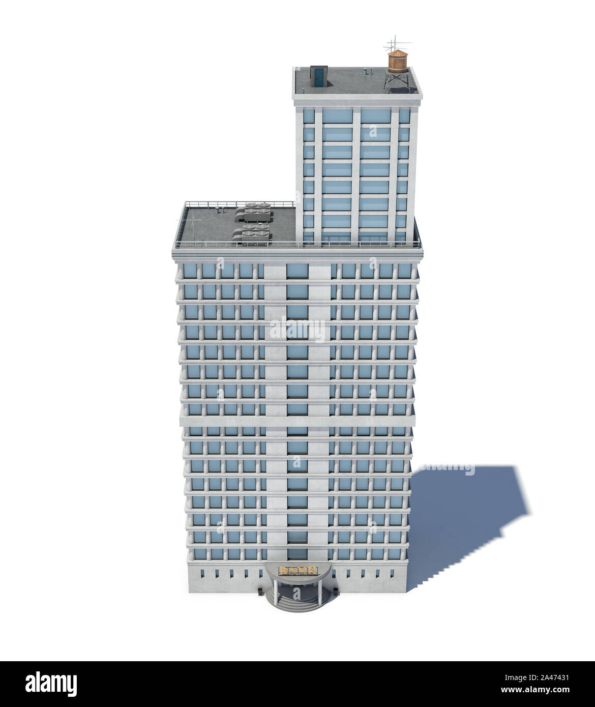 3D rendering di un bianco alto edificio per uffici con molte grandi finestre. Edificio commerciale. Uffici ed edifici industriali. Un blando esterno dell'edificio. Foto Stock