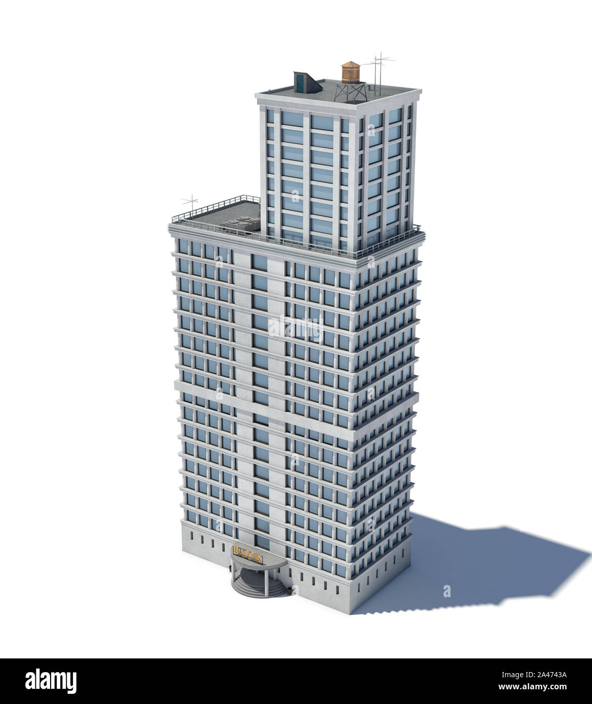 3D rendering di un bianco alto edificio per uffici con molte grandi finestre. Edificio commerciale. Uffici ed edifici industriali. Un blando esterno dell'edificio. Foto Stock