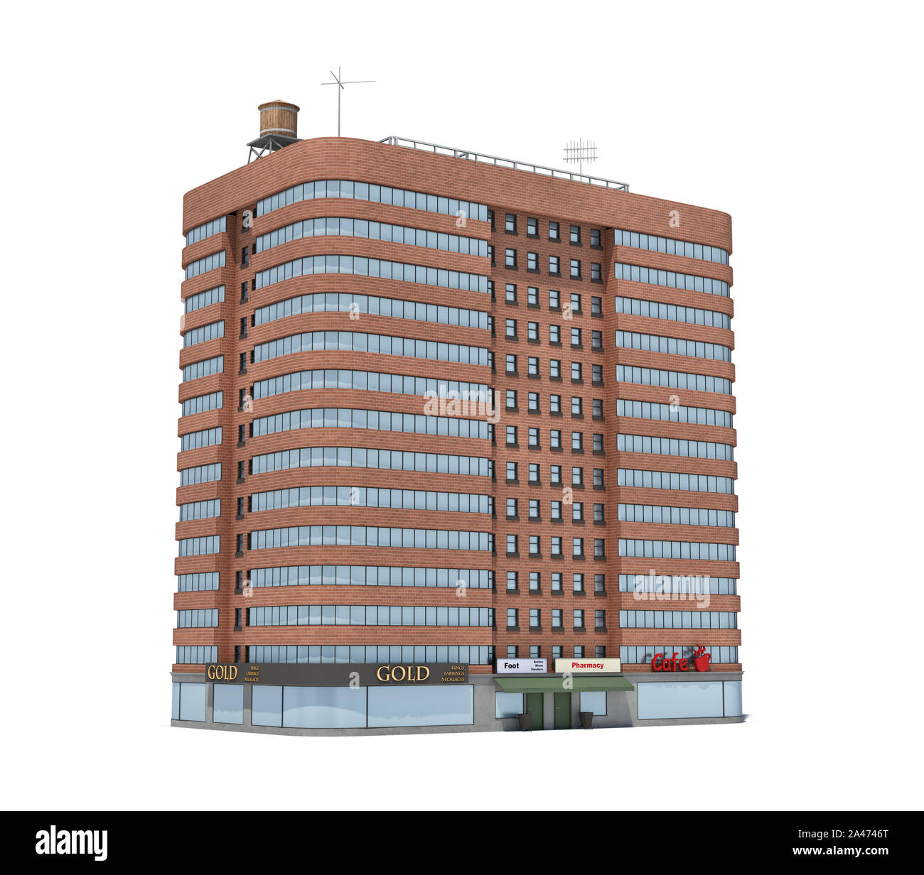 3D rendering di un rosso mattone edificio di appartamenti con negozi al piano terra. Luoghi di soggiorno. Residenza urbana. Condominio. Foto Stock