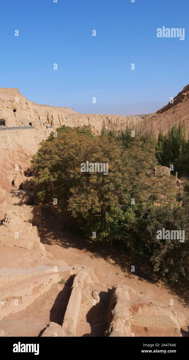 Vista del paesaggio del Bezeklik mille Buddha in grotte Turpan provincia dello Xinjiang in Cina. Foto Stock