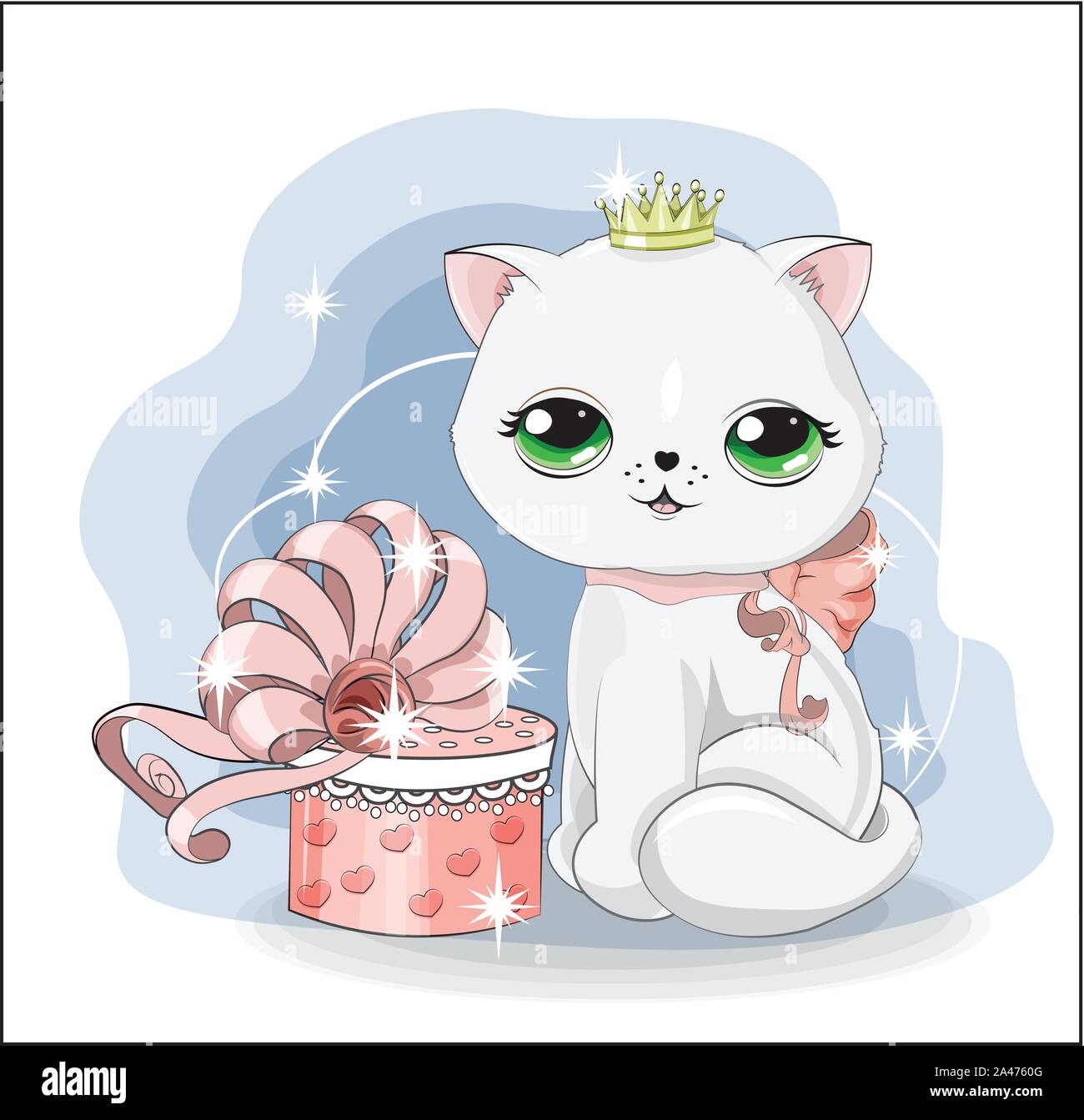 La principessa gatto bianco in corona, gattino con scatola regalo, decorata con prua. La foto in mano lo stile di disegno, per t-shirt stampa usura, fashion design, gree Illustrazione Vettoriale