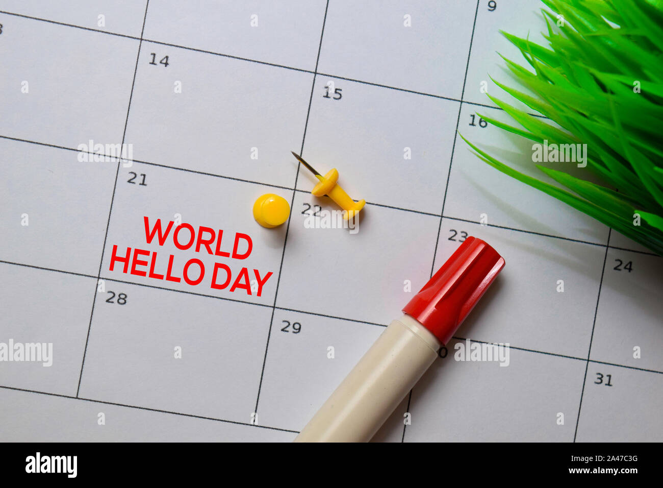 World Ciao giorno scrivere sul calendario. Data 21 novembre. Promemoria o concetti di pianificazione Foto Stock