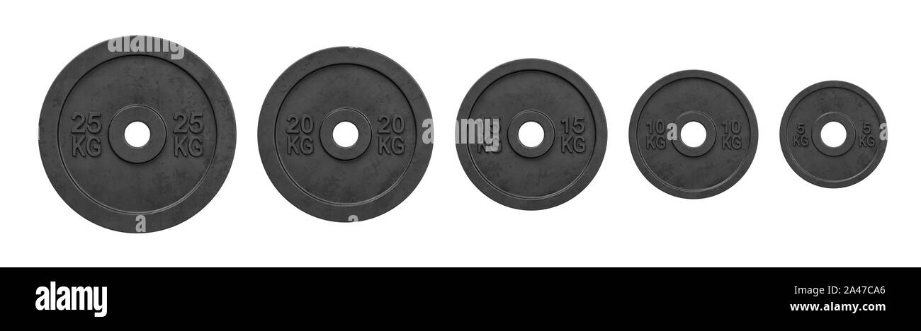 3D rendering di cinque black barbell pesi di massa diversa appesi in una riga su uno sfondo bianco. Sollevamento pesi. Bodybuilding e sport. Getti Foto Stock