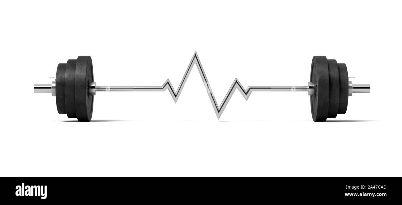3D rendering di singoli barbell con pesi pesanti la barra in acciaio intrecciati in un modello di heartbeat nel mezzo. Sport e salute. Tenetevi in forma. Esercizio Foto Stock