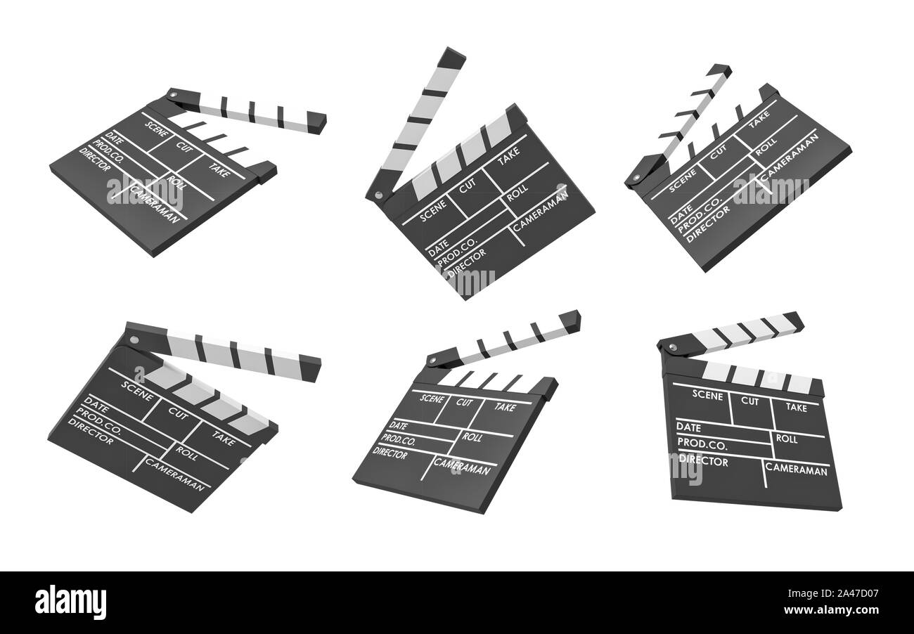 3D rendering dei sei film nero clapperboards con righe vuote per il titolo e i creatori di un filmato. La creazione di un filmato. Un altro film girato. Artistico Foto Stock