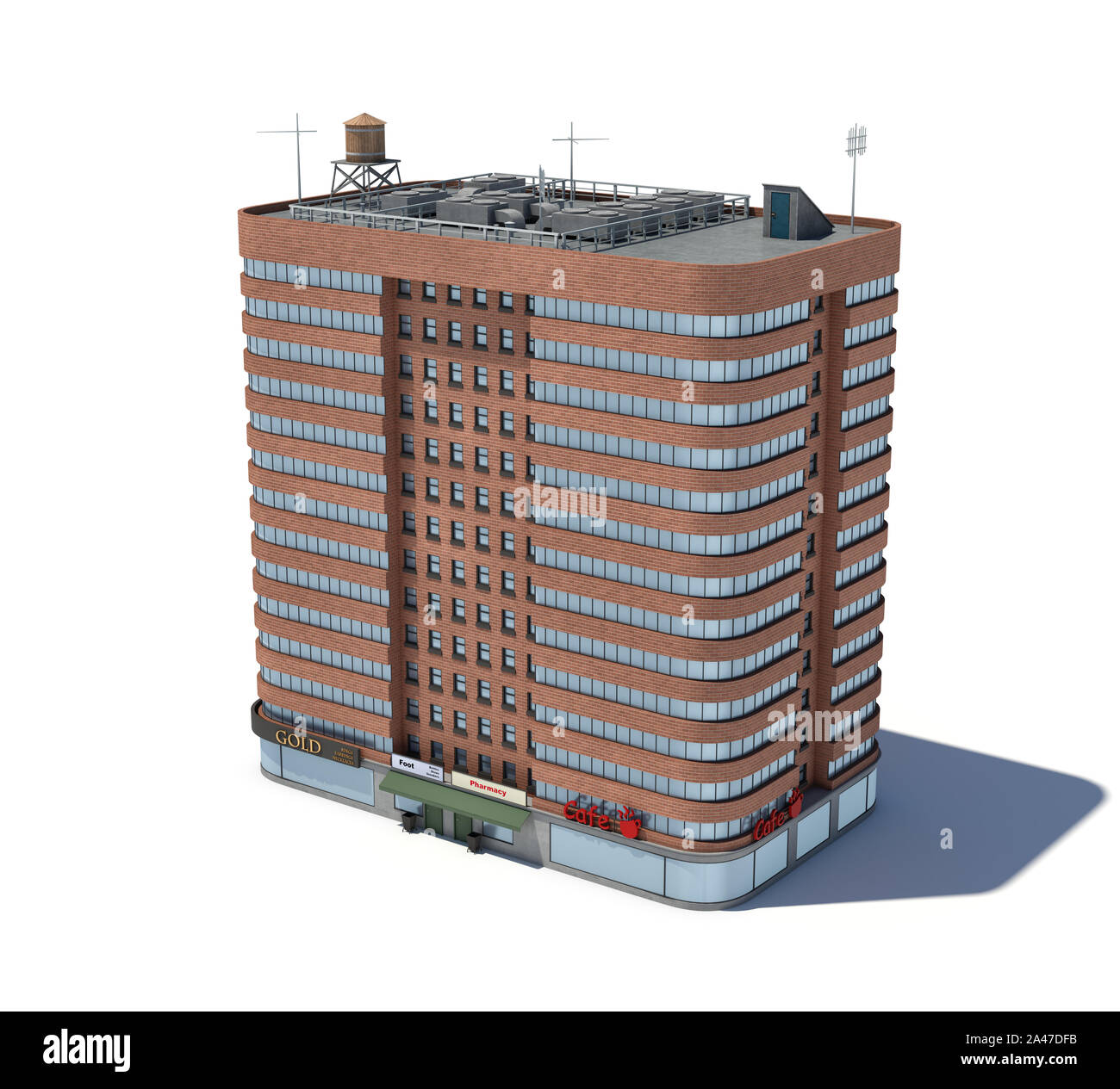 3D rendering di un rosso mattone edificio di appartamenti con negozi al piano terra. Luoghi di soggiorno. Residenza urbana. Condominio. Foto Stock