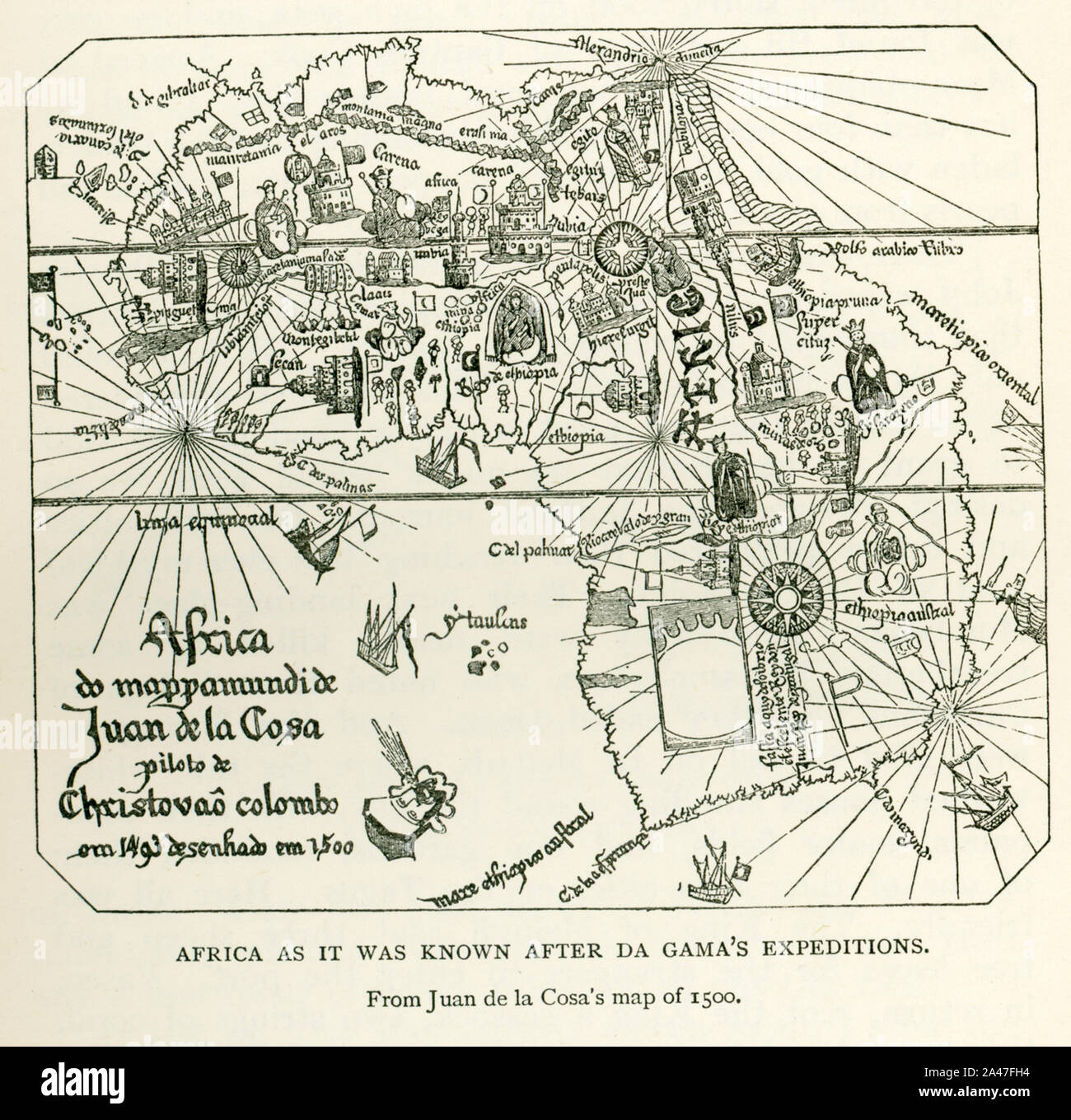 Questa immagine mostra l'Africa come era noto dopo DaGama di spedizioni. È da Juan de la cosa la mappa di 1500. de la cosa era un castigliano navigatore e cartografo, noto per la progettazione della prima comunità mappa del mondo in cui è incorporato il territorio delle Americhe che sono state scoperte nel XV secolo. Da Gama era un esploratore portoghese e il primo europeo a raggiungere l'India dal mare. Il suo primo viaggio in India è stato il primo a collegare in Europa e in Asia da un oceano percorso collega l'Atlantico e l'Oceano indiano e pertanto, Occidente e Oriente. Foto Stock Questa immagine mostra l'Africa come era noto dopo DaGama di spedizioni. È da Juan de la cosa la mappa di 1500. de la cosa era un castigliano navigatore e cartografo, noto per la progettazione della prima comunità mappa del mondo in cui è incorporato il territorio delle Americhe che sono state scoperte nel XV secolo. Da Gama era un esploratore portoghese e il primo europeo a raggiungere l'India dal mare. Il suo primo viaggio in India è stato il primo a collegare in Europa e in Asia da un oceano percorso collega l'Atlantico e l'Oceano indiano e pertanto, Occidente e Oriente. Foto Stock