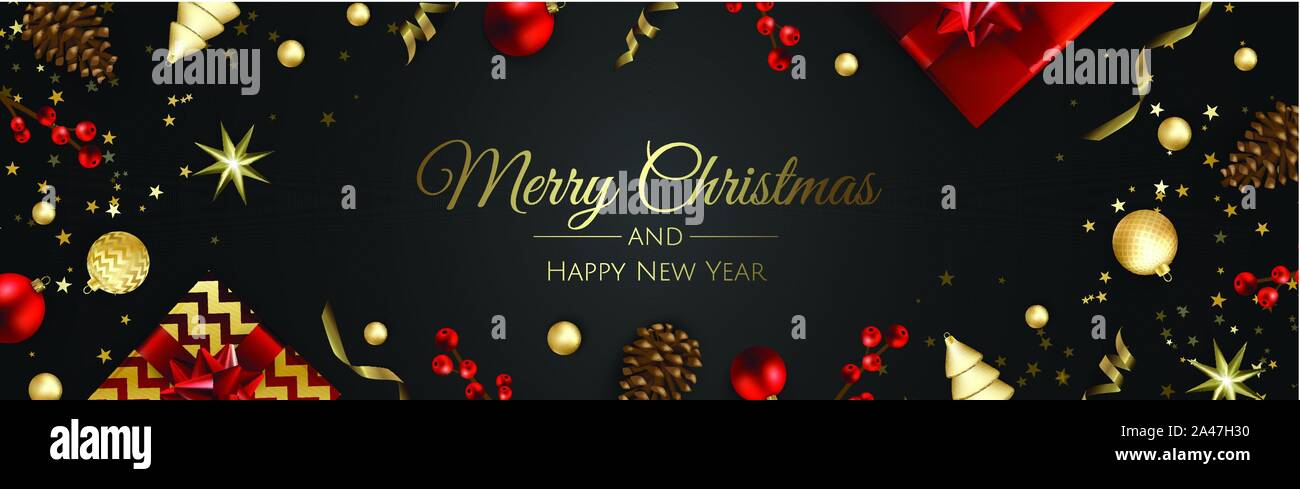 Buon Natale e Felice Anno Nuovo. Xmas sfondo con scatola regalo, fiocchi di neve e le sfere di design. Illustrazione Vettoriale