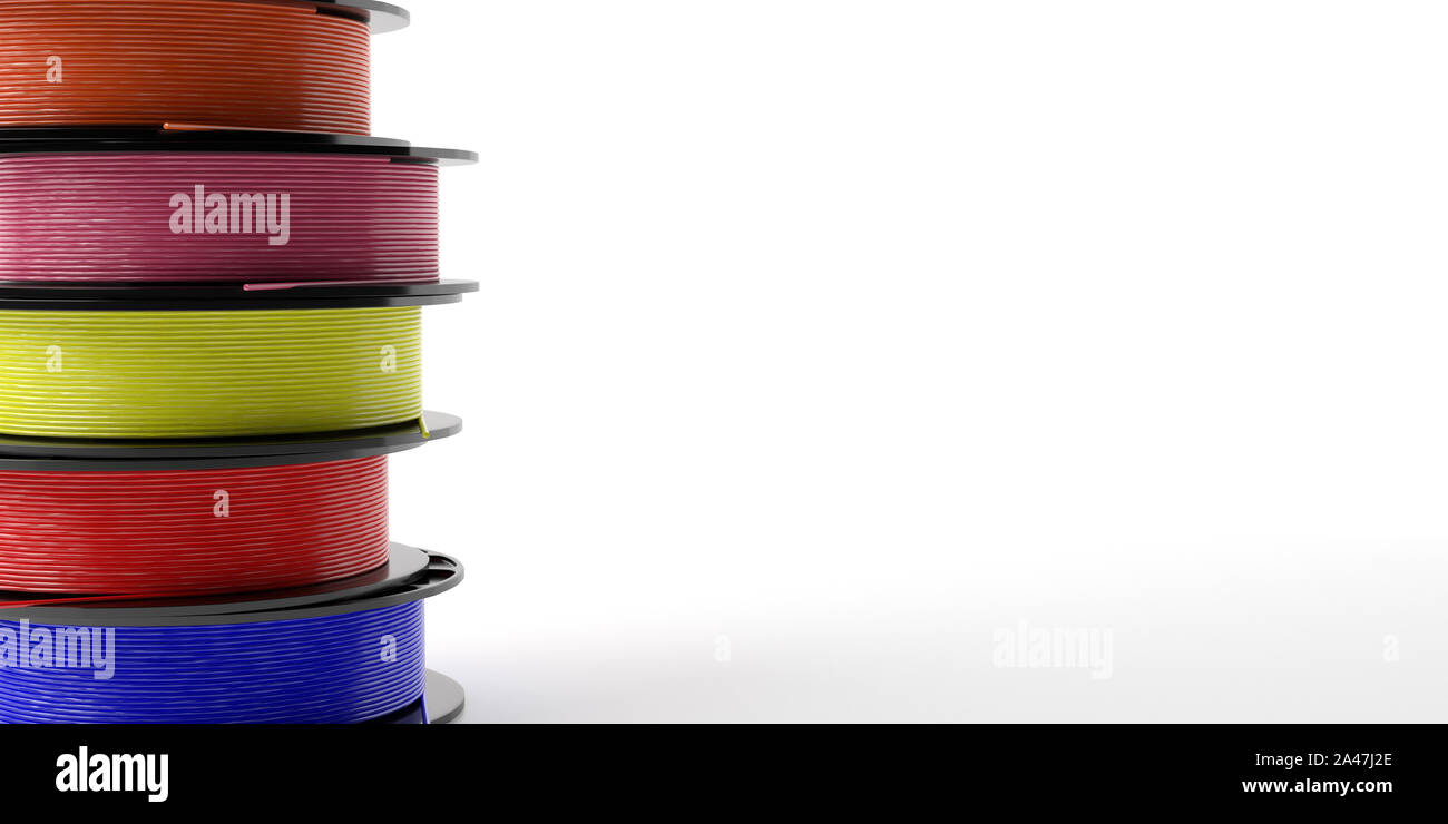 Stampante 3D filamenti. Bobine di plastica colorata di filo per la stampa 3D  contro uno sfondo bianco, copia dello spazio. Bobina di termoplastici di  acido polilattico (PLA) ac Foto stock - Alamy