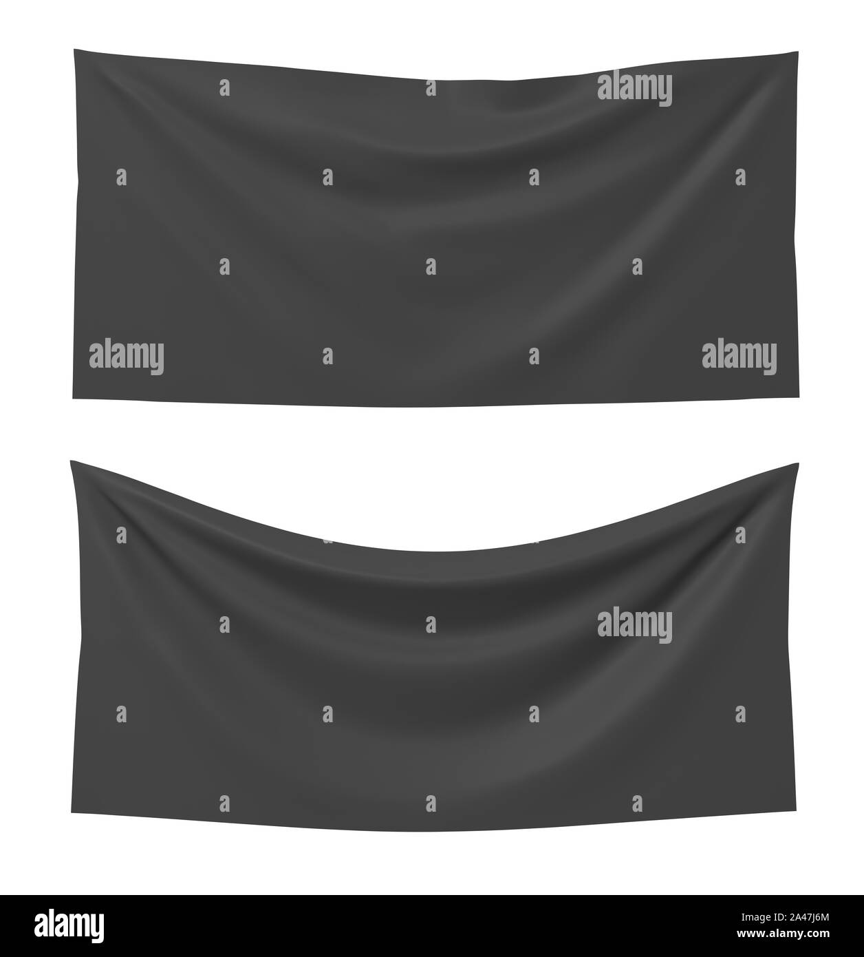 3D rendering di due rettangolo nero bandiere, uno dritto e un altro a penzoloni su uno sfondo bianco. Le bandiere e simbolica. Partito politico accessorie Foto Stock