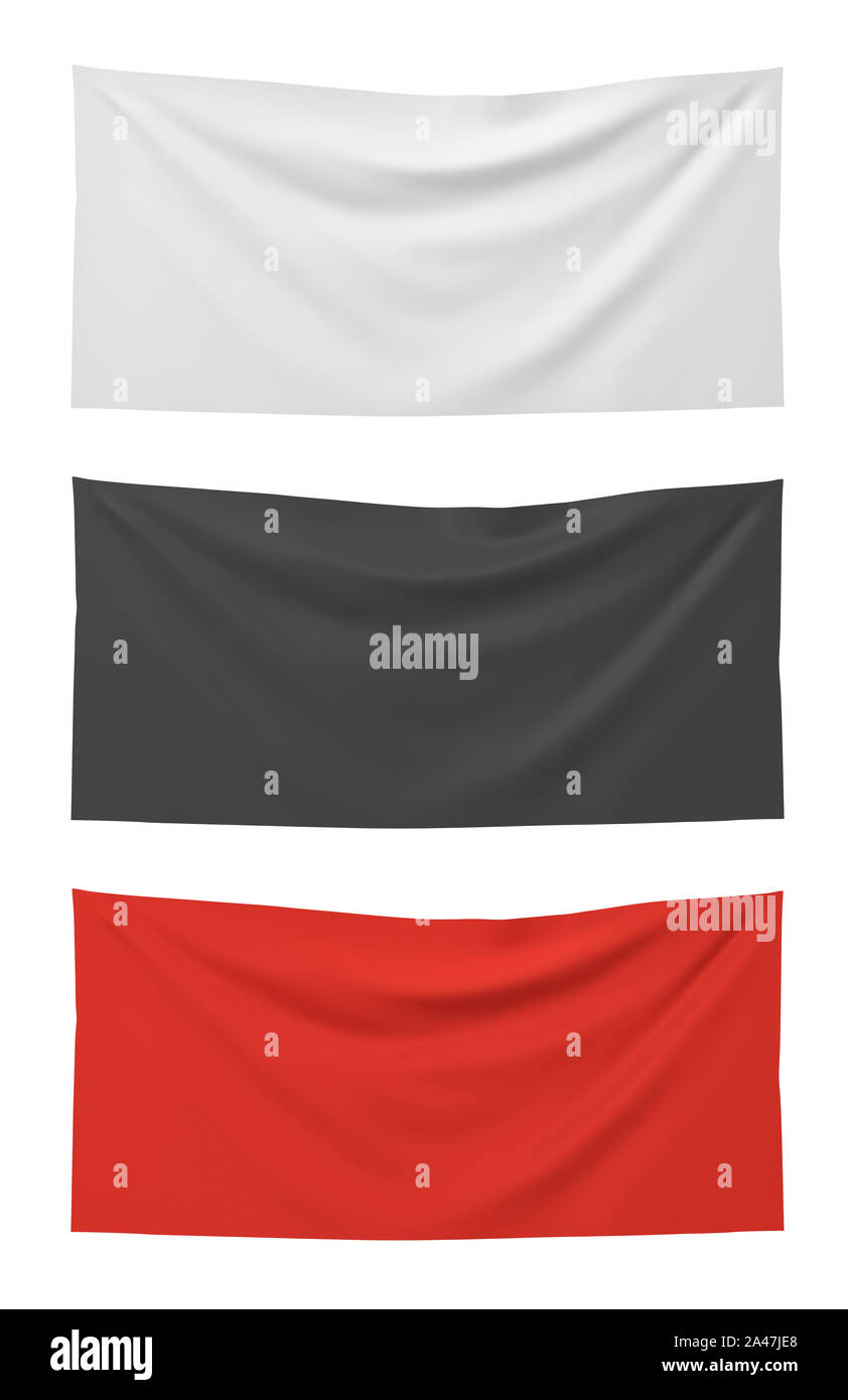 3D rendering di tre orizzontalmente le bandiere di bianco, nero e rosso appeso su uno sfondo bianco. Politica sociale e bandiere. Simboli di sociale g Foto Stock