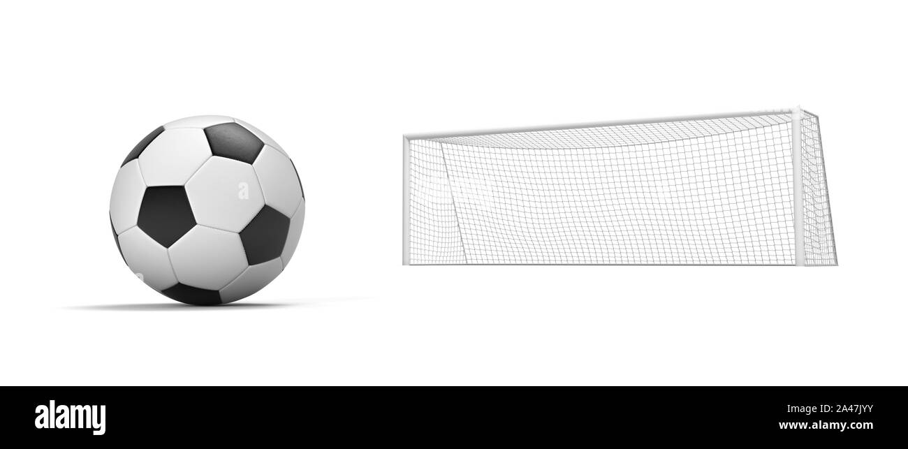 3D rendering di un bianco e nero di calcio palla in piedi di fronte a cancelli di vuoto. Un goal. Cancelli di calcio. Colpo di penalità. Foto Stock