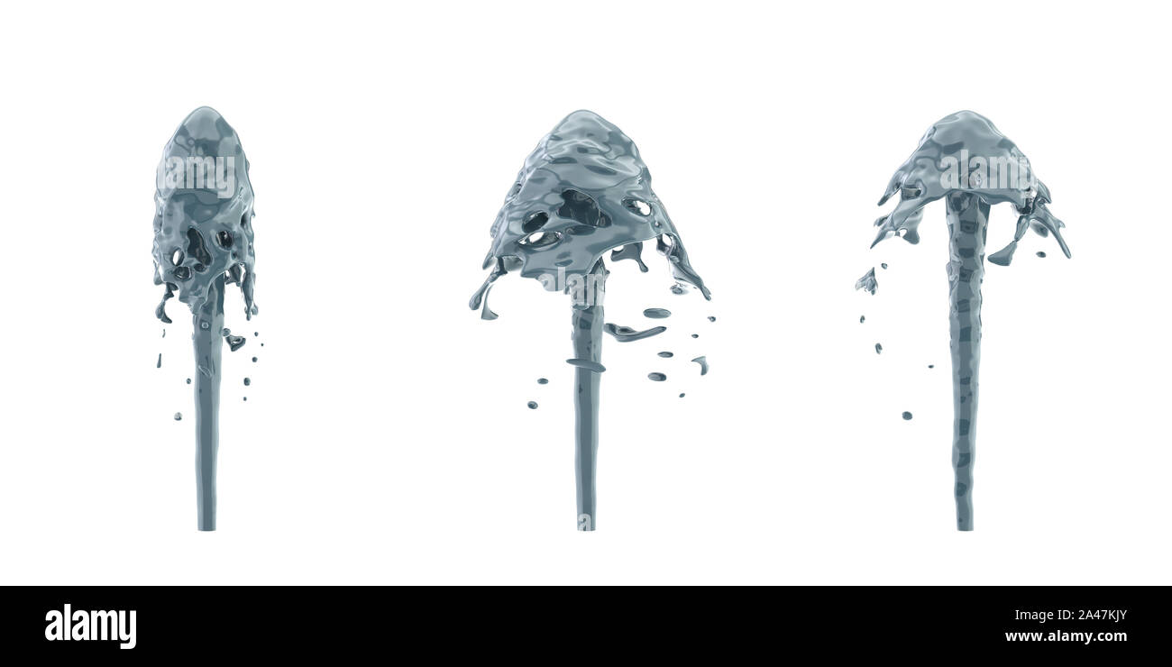 3D rendering di tre flussi di fontana in grigio-blu di spruzzi di colore verso l'alto. Liquido in movimento. Forza naturale. Approvvigionamento di olio. Foto Stock