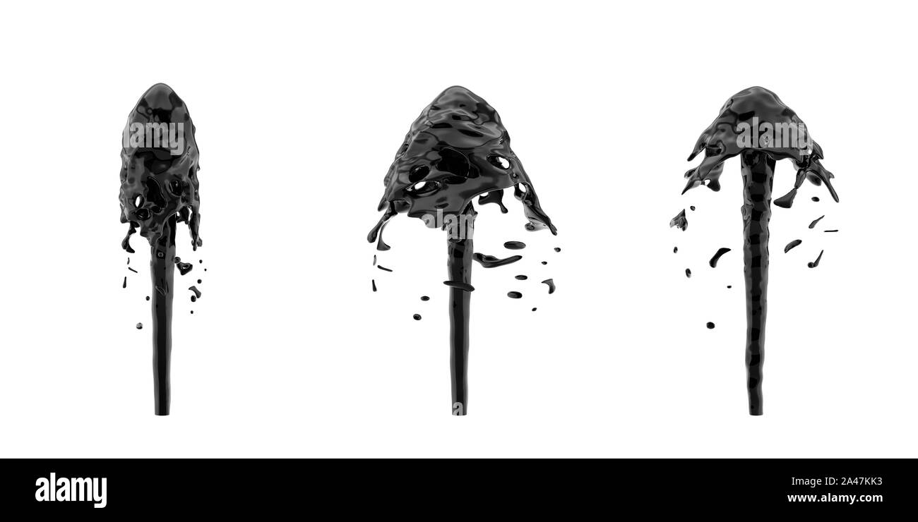 3D rendering delle tre fontane olio riprese di liquido nero e schizzi in giro. Petrolio e gas naturale. Il denaro facile. Risorse naturali. Foto Stock