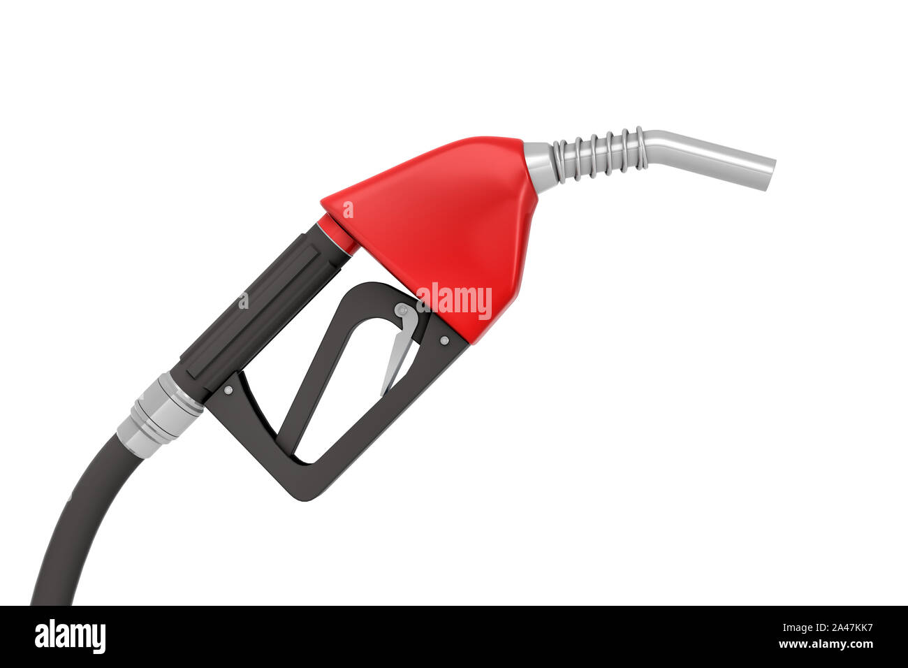 3D rendering di un nuovo rosso e nero ugello di gas in vista laterale su sfondo bianco. La stazione di benzina. Viaggio in auto. Spese su strada. Foto Stock