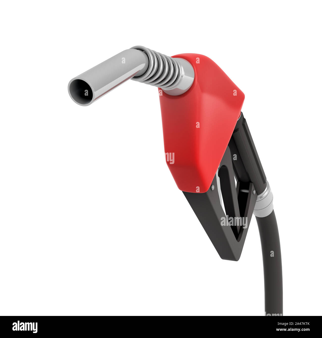 3D rendering di un nuovo rosso e nero ugello di gas su sfondo bianco. La stazione di benzina. Viaggio in auto. Spese su strada. Foto Stock