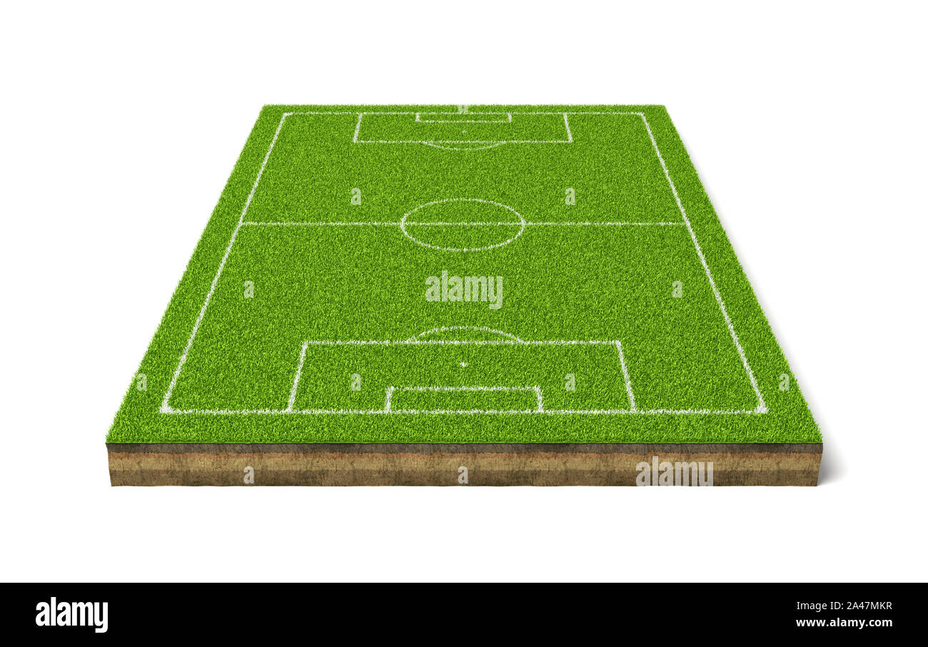 3D rendering di un calcio in erba del campo sportivo con linee bianche. Fuori dai giochi. Sport estivi. Campo di calcio. Foto Stock