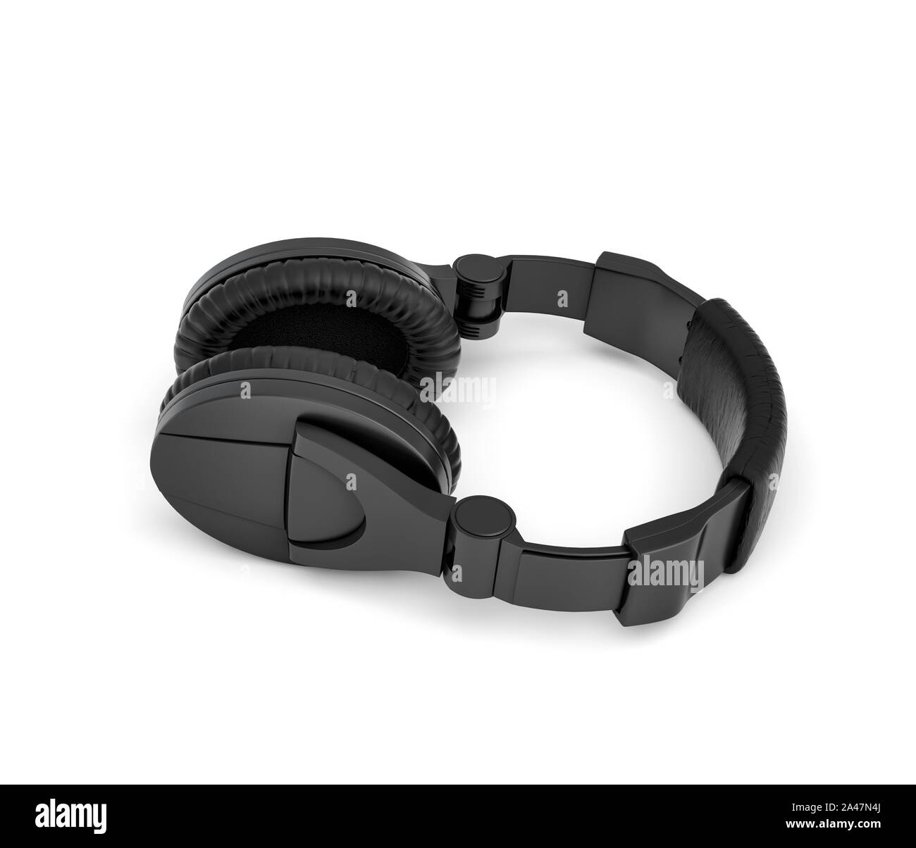 3D rendering di jet black wireless con le cuffie in-ear design giacente su sfondo bianco. Amante della musica. Ascoltare beat. Tecnologia audio. Foto Stock