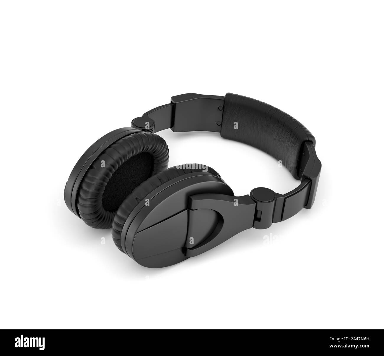 3D rendering di jet black wireless con le cuffie in-ear design giacente su sfondo bianco. Amante della musica. Ascoltare beat. Tecnologia audio. Foto Stock