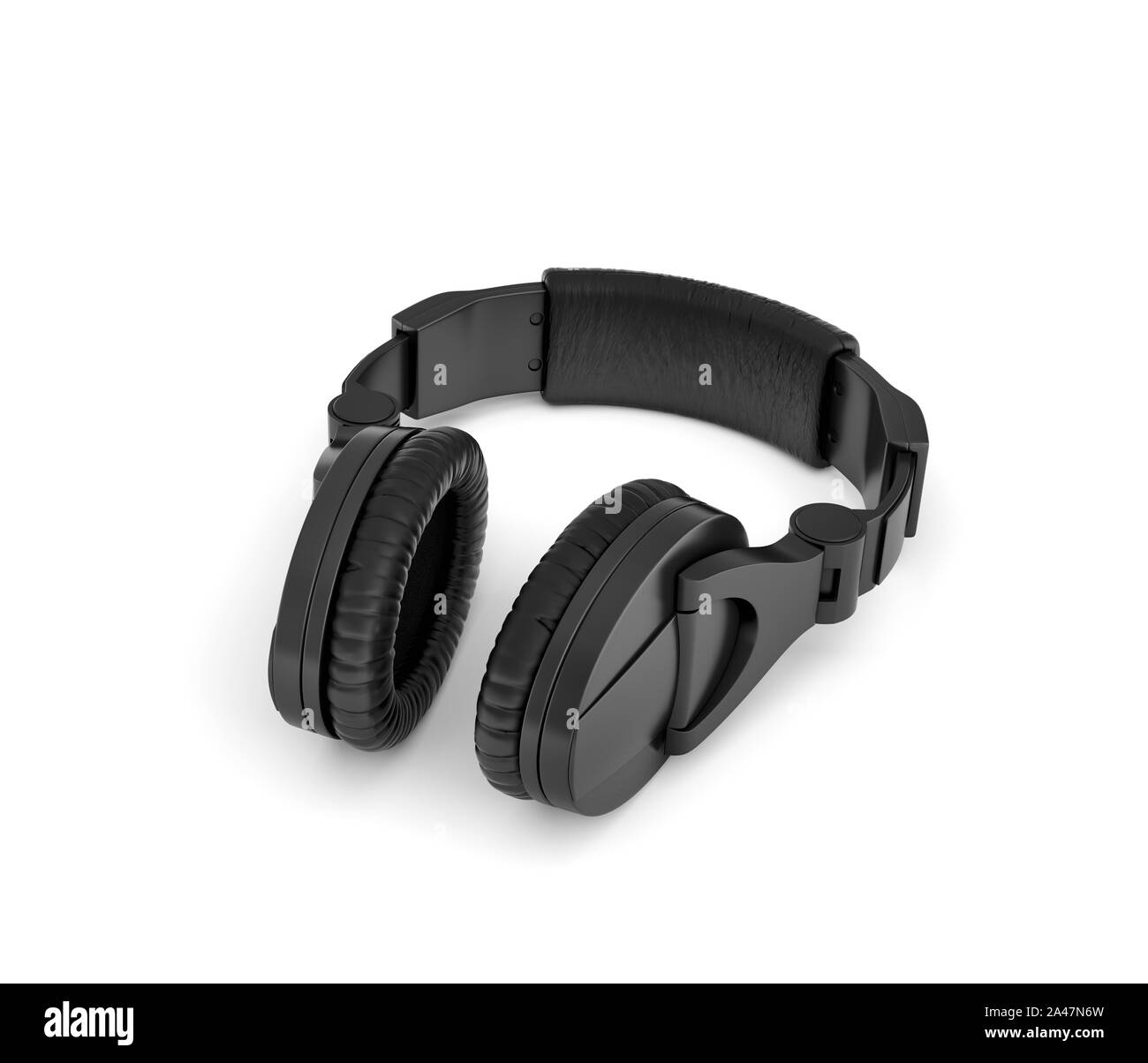 3D rendering di jet black wireless con le cuffie in-ear design giacente su sfondo bianco. Amante della musica. Ascoltare beat. Tecnologia audio. Foto Stock