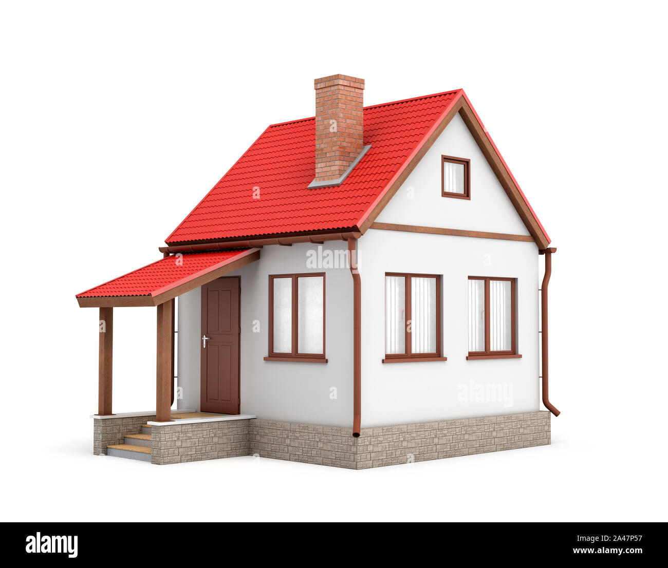 3D rendering di una piccola casa residenziale con un camino e un tetto rosso su sfondo bianco. Casa e casa. Living Place. Costruire la propria casa. Foto Stock