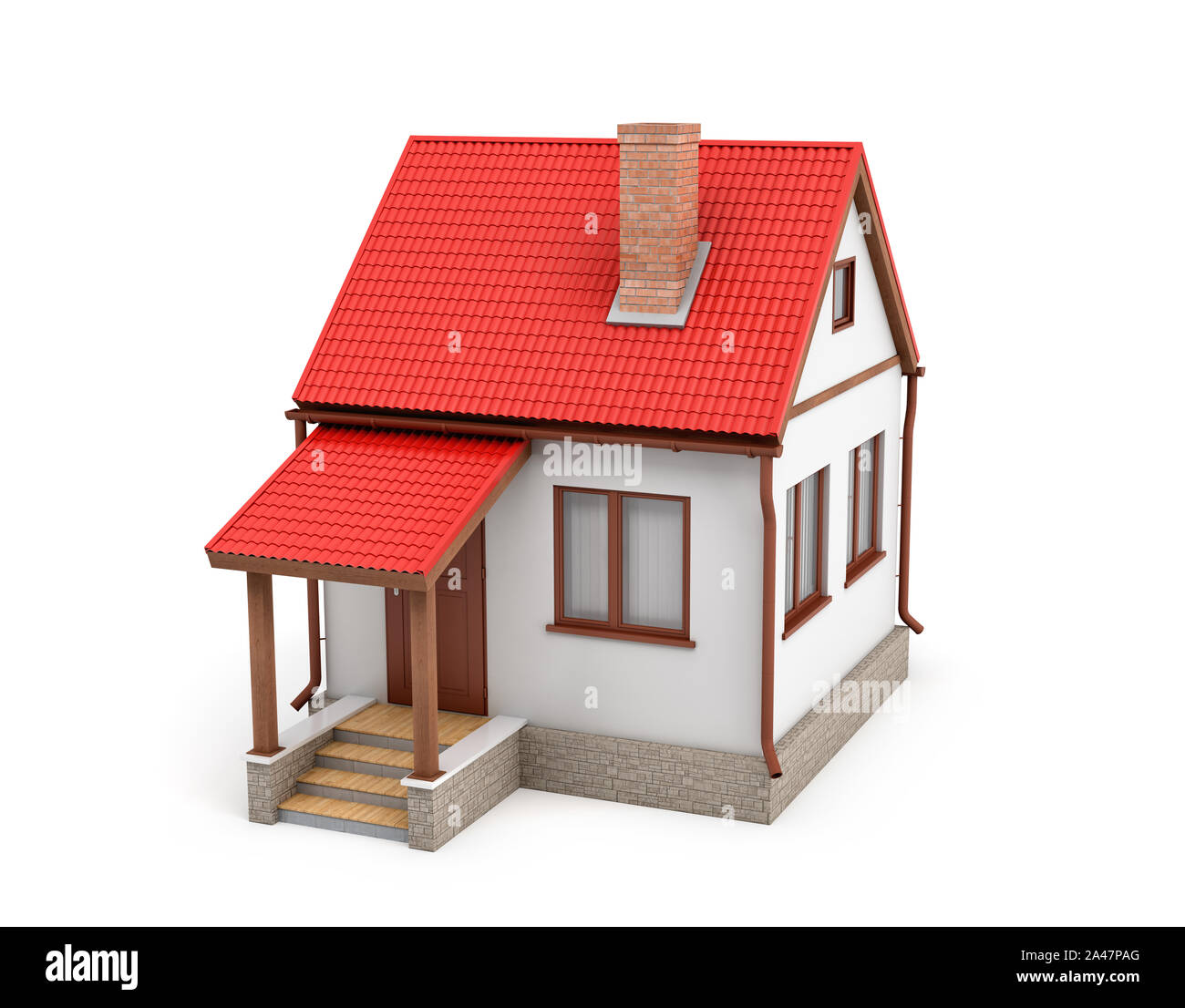 3D rendering di una piccola casa residenziale con un camino e un tetto rosso su sfondo bianco. Casa e casa. Living Place. Costruire la propria casa. Foto Stock