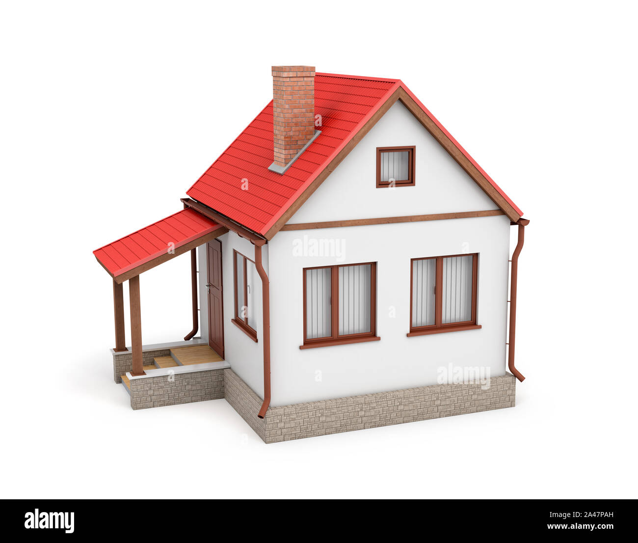 3D rendering di una piccola casa residenziale con un camino e un tetto rosso su sfondo bianco. Casa e casa. Living Place. Costruire la propria casa. Foto Stock