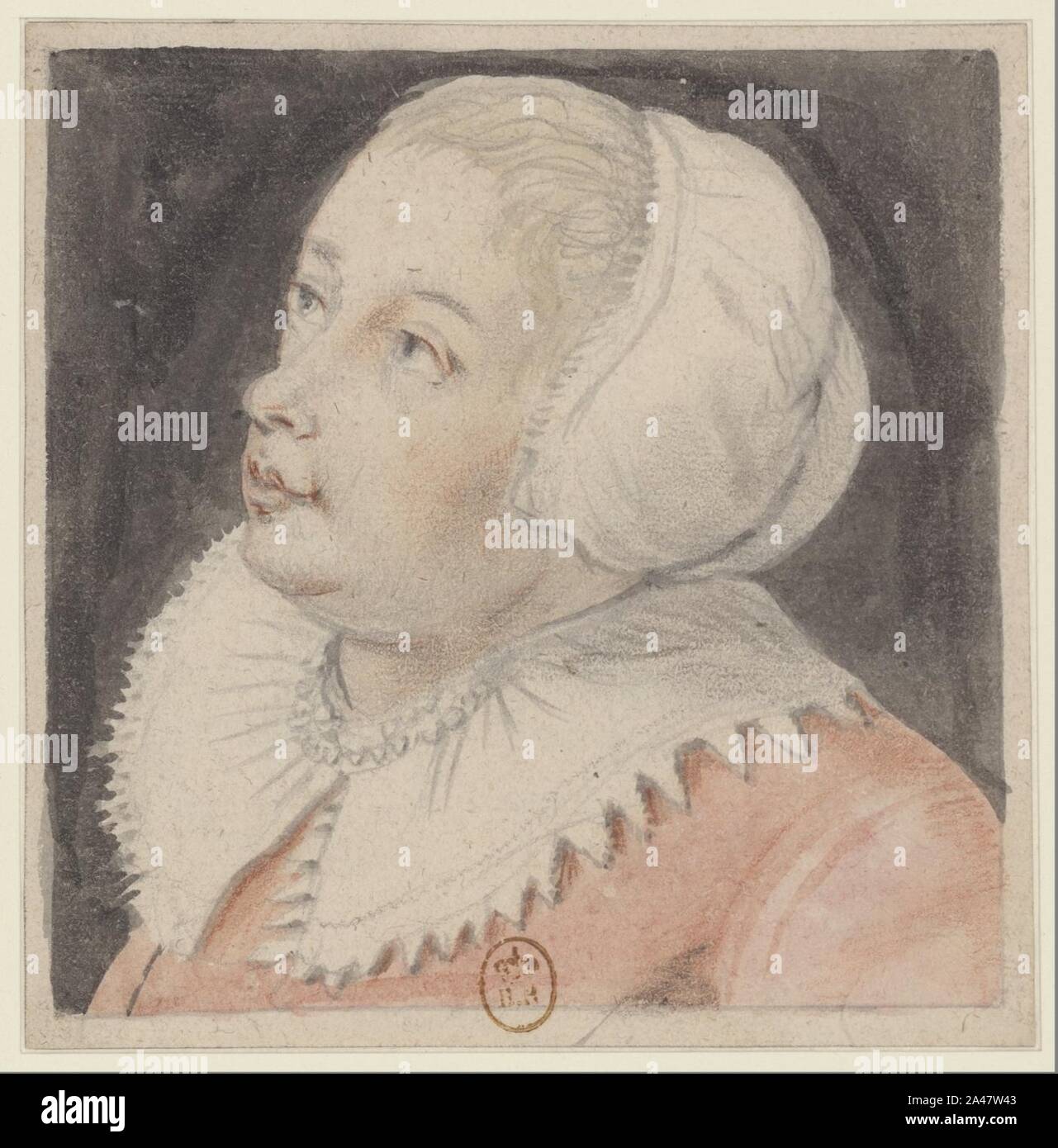 Femme au corpetto rosa, coiffée d'onu capuchon blanc de trois Qt à gauche, les yeux levés vers le ciel (Nicolas Lagneau). Foto Stock