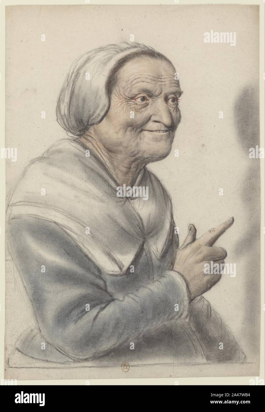 Femme âgée portant une coiffe blanche, l'index pointé, vue de trois Qt à droite (Nicolas Lagneau). Foto Stock